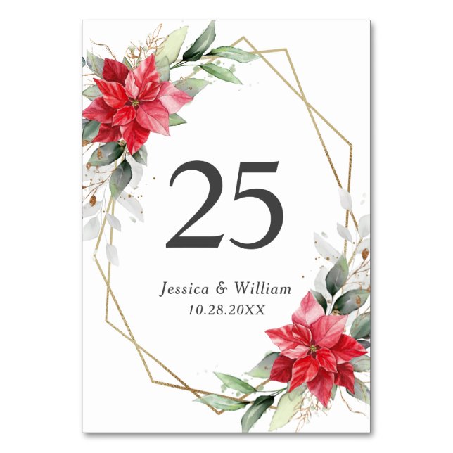 Elegant Red Poinsettia Winter Greenery Wedding Table Number (Front)