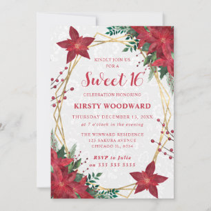 Elegant Red Poinsettia Winter Sweet 16 Invitation