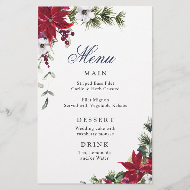 Elegant Red Poinsettia Winter Wedding Dinner Menu (Front)