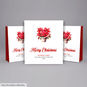 Elegant Red Poinsettias Script Font Holiday Bags
