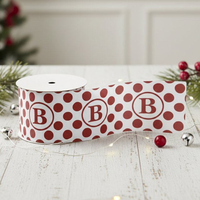 Elegant Red Polka Dot Monogram Grosgrain Ribbon (Large Red Polka Dots Monogram Ribbon for Christmas Gift Wrap. Modern Preppy Red and White Pattern)