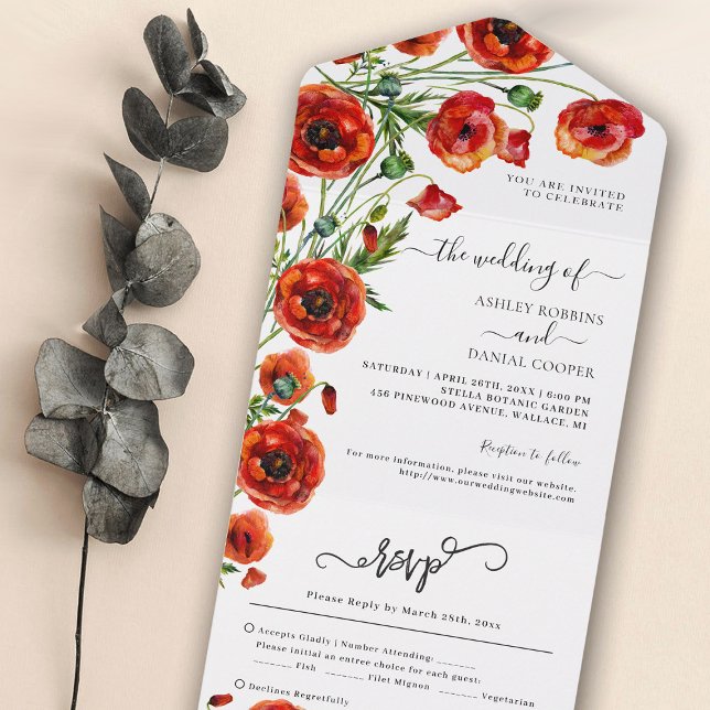 Elegant Red Poppies Floral Wedding All In One Invi All In One Invitation (Creator Uploaded)