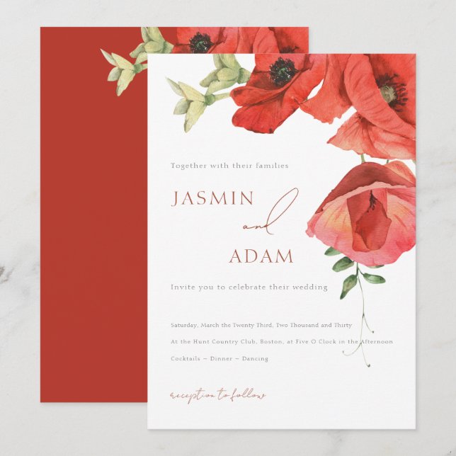 Elegant Red Poppies Floral Wedding Invitation (Front/Back)