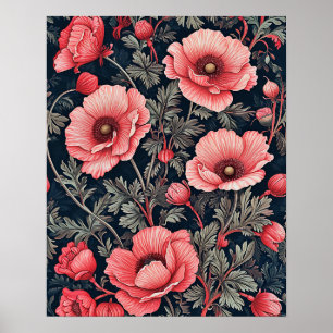 Elegant Red Poppies Leaves Floral Art Poster