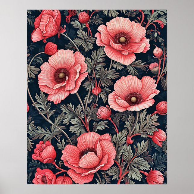 Elegant Red Poppies Leaves Floral Art Poster (Front)