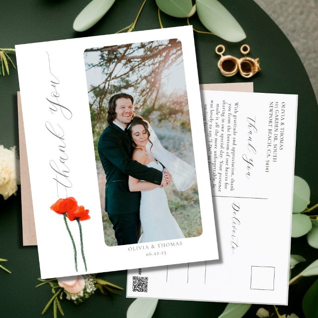 Elegant Red Poppies Modern Wedding Photo Thank You Postcard (Creator Uploaded)
