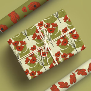 Elegant Red Poppies With Cute Green Leaves Wrapping Paper Sheet