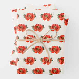 Elegant red poppy floral watercolor wrapping paper sheet