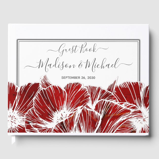 Elegant Red Poppy Floral Wedding Guest Book (Front)