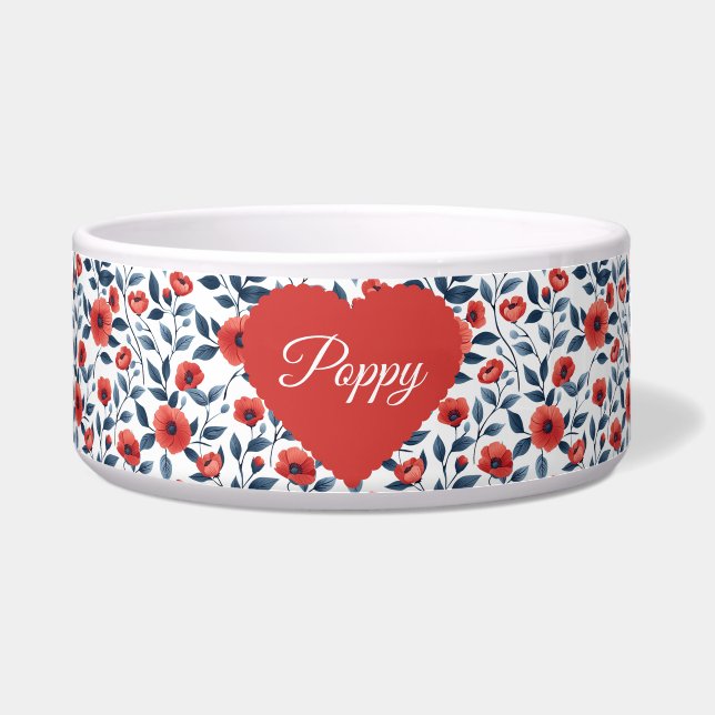 Elegant  Red Poppy Flower Personalized Pet Bowl (Front)