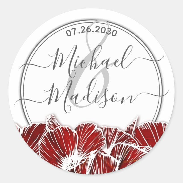Elegant Red Poppy Flower Wedding Classic Round Sticker (Front)
