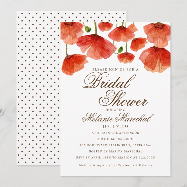Elegant Red Poppy Flowers Bridal Shower Invitation (Front/Back)