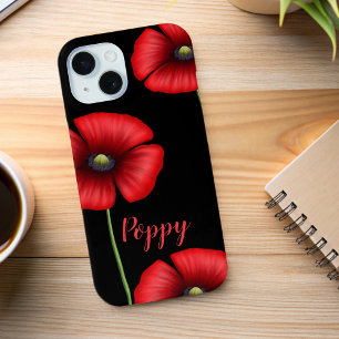Elegant Red Poppy Flowers Name Floral Black iPhone 15 Case