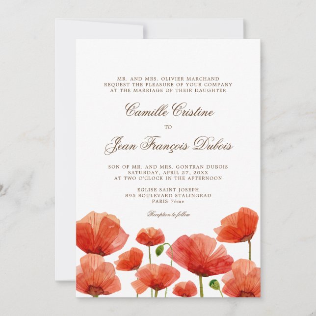 Elegant Red Poppy Flowers Wedding Invitation (Front)