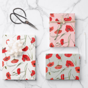 Elegant Red Poppy & Green Floral Watercolor Wrapping Paper Sheet