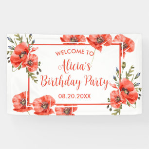Elegant Red Poppy Greenery Fifty Birthday Banner