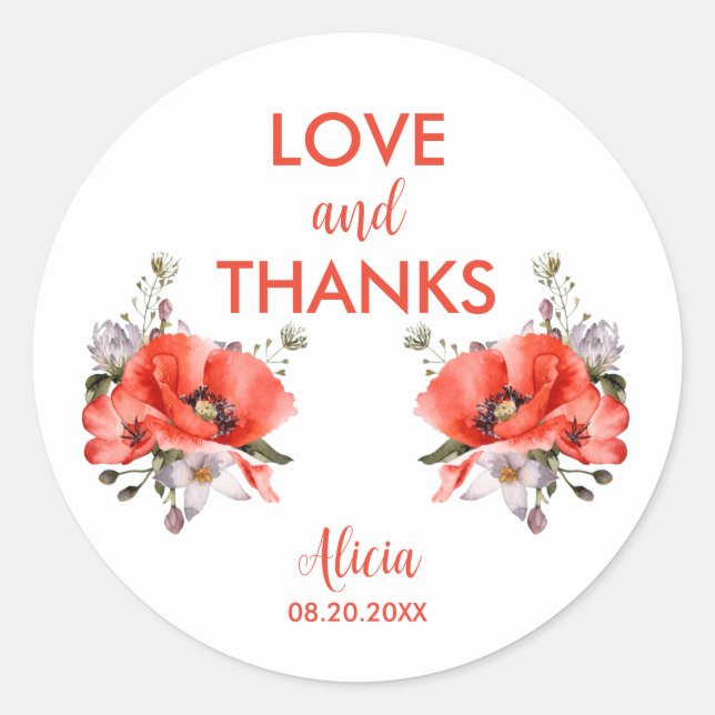 Elegant Red Poppy Greenery Love & Thanks Classic Round Sticker (Front)