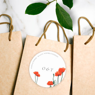 Elegant Red Poppy Modern Couple Monograms Wedding Classic Round Sticker