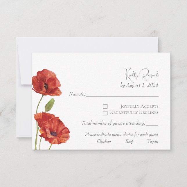 Elegant Red Poppy Watercolor Flowers Wedding RSVP (Front)