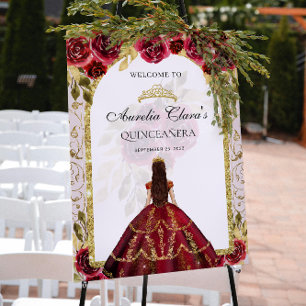 Elegant Red Princess Floral Quinceañera Birthday Poster
