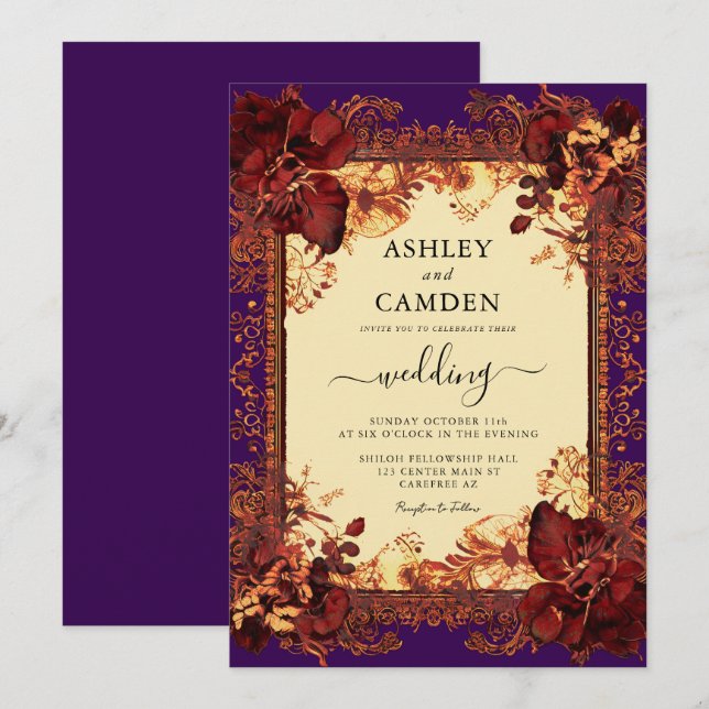 Elegant Red Purple Orange Wedding Invitation (Front/Back)