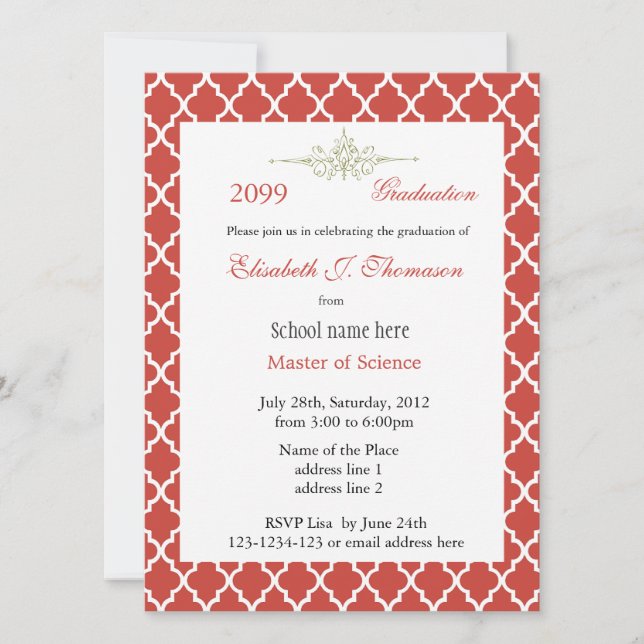 Elegant red quatrefoil pattern graduation invitation (Front)