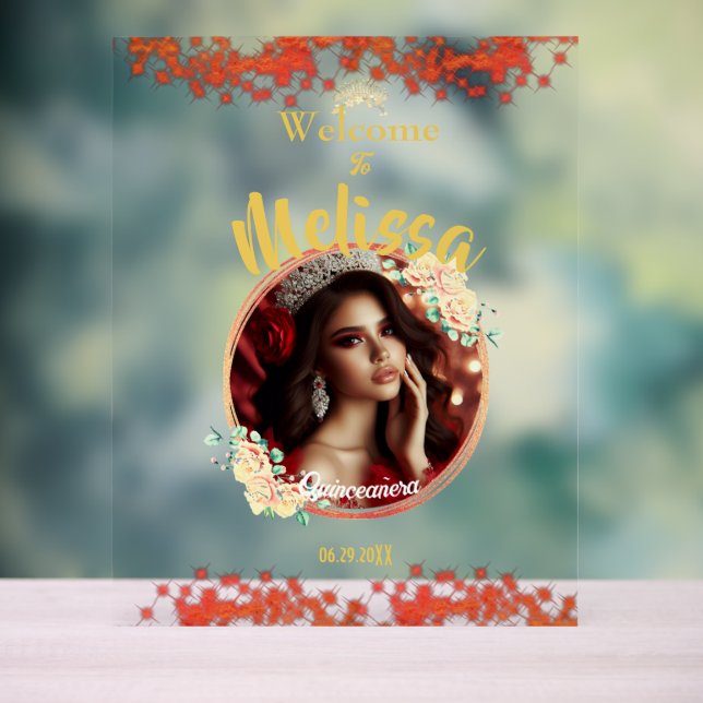 Elegant Red Quinceañera Celebration Spanish  Acrylic Sign (Neutral)