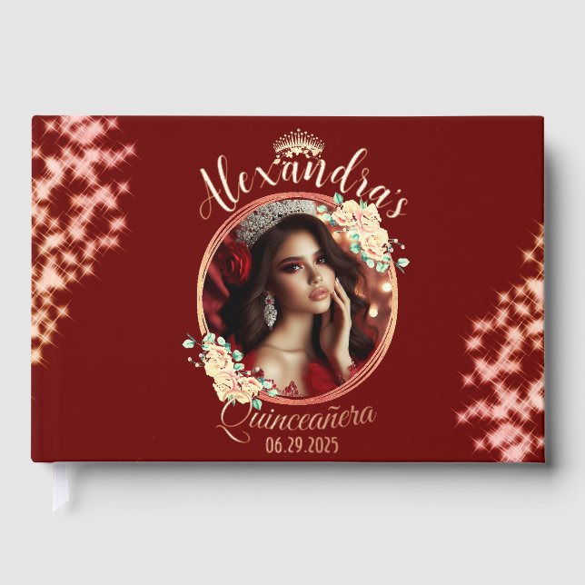 Elegant Red Quinceañera Celebration Spanish  Guest Book (Front)