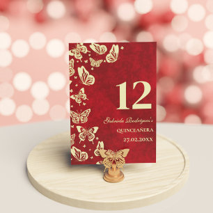 Elegant Red Quinceañera Gold Butterflies Seating Table Number