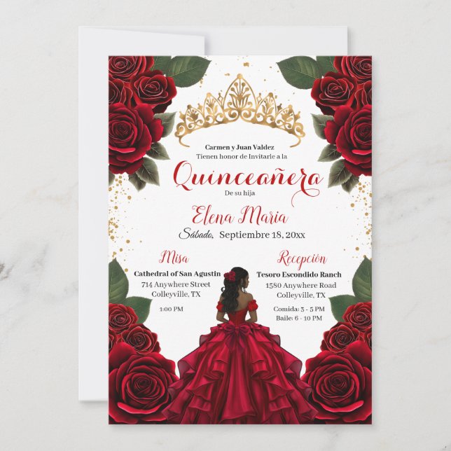 Elegant Red Quinceañera Roses Gold Glitter Invitation (Front)