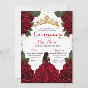Elegant Red Quinceañera Roses Gold Glitter Invitation