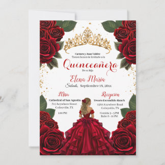 Elegant Red Quinceañera Roses Gold Glitter Invitation