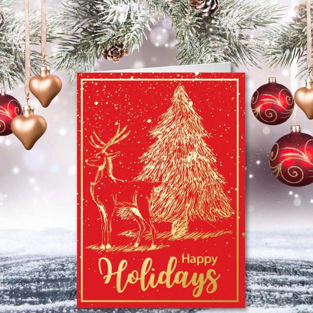 Elegant Red Reindeer and Tree Christmas Foil Holiday Card (Creator Uploaded)