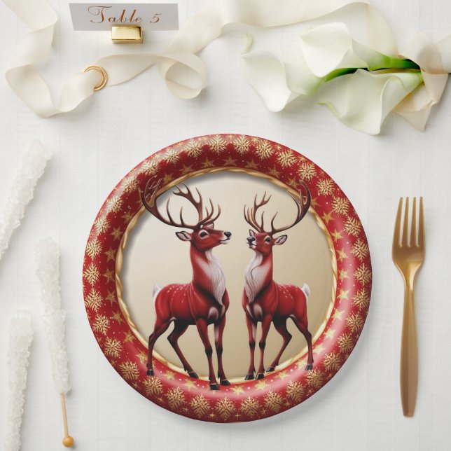 Elegant Red Reindeer Moose Gold snow merry Xmas Paper Plate (Wedding)