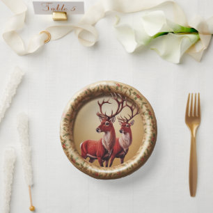 Elegant Red Reindeer Moose Gold snow merry Xmas Paper Plate