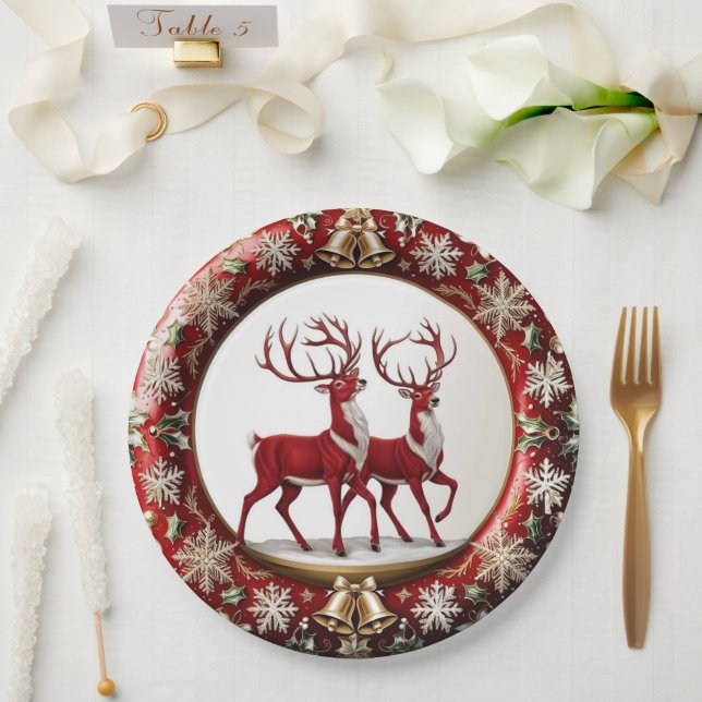 Elegant Red Reindeer Moose Gold snow merry Xmas Paper Plate (Wedding)