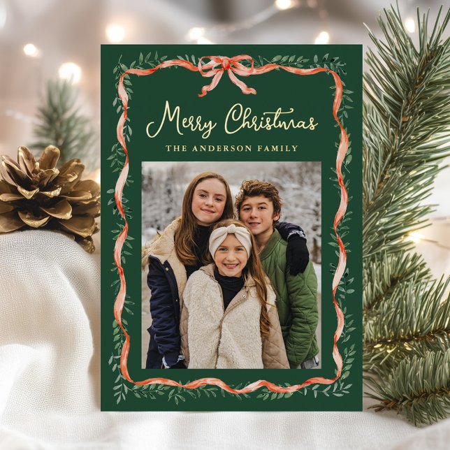 Elegant Red Ribbon and Greenery 2 Photo Foil Holiday Card (Creator Uploaded)