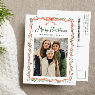 Elegant Red Ribbon and Greenery 2 Photo Holiday Postcard