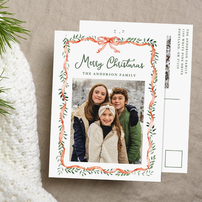 Elegant Red Ribbon and Greenery 2 Photo Holiday Postcard (Creator Uploaded)