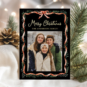 Elegant Red Ribbon and Greenery Black 2 Photo Foil Holiday Card