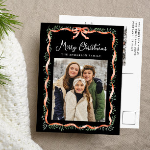 Elegant Red Ribbon and Greenery Black 2 Photo Holiday Postcard