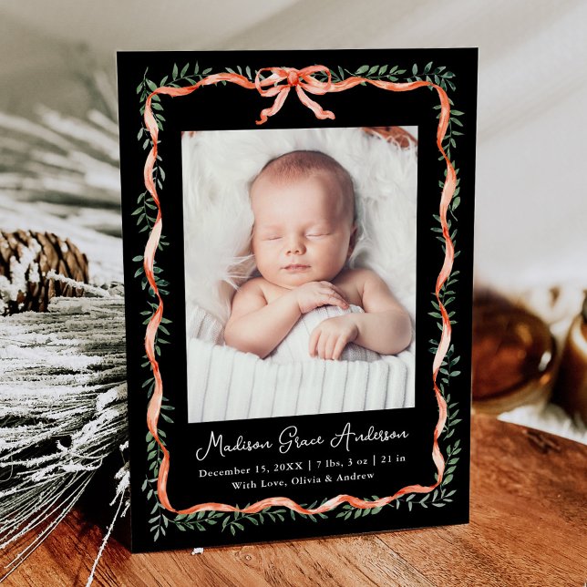 Elegant Red Ribbon and Greenery Black Photo Birth Announcement (Creator Uploaded)