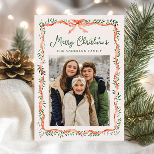 Elegant Red Ribbon and Greenery Cream 2 Photo Holiday Card