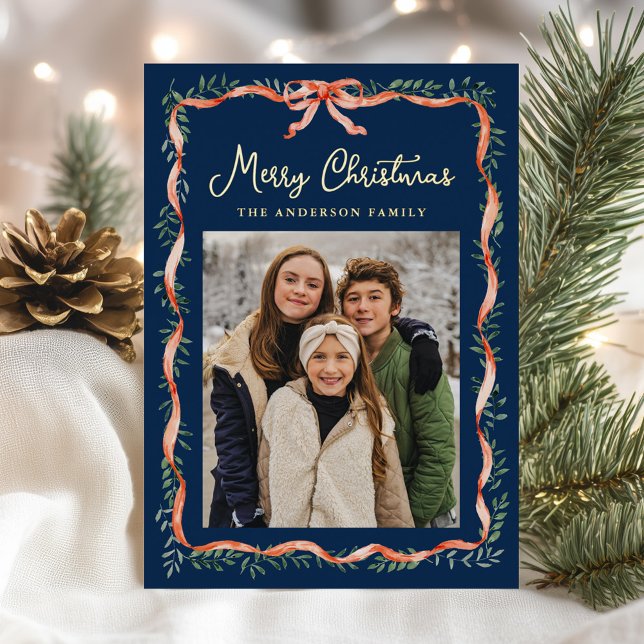 Elegant Red Ribbon and Greenery Navy 2 Photo Foil Holiday Card (Creator Uploaded)