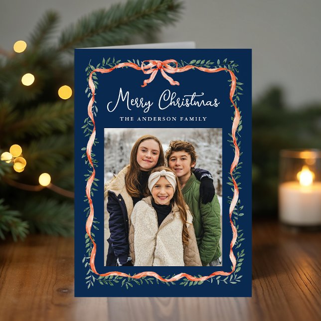 Elegant Red Ribbon and Greenery Navy Photo Holiday Card (Creator Uploaded)