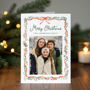 Elegant Red Ribbon and Greenery Photo Holiday Card