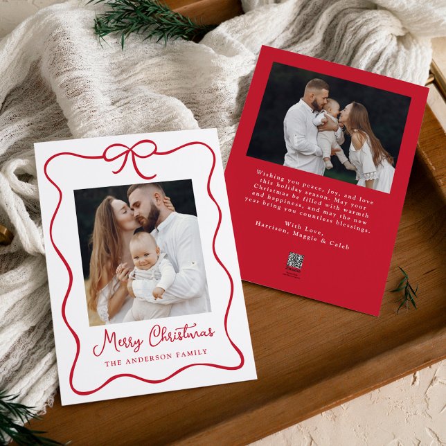 Elegant Red Ribbon Bow 2 Photo Holiday Card (Creator Uploaded)