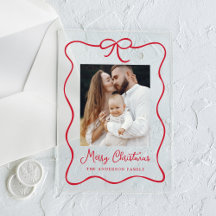 Elegant Red Ribbon Bow Photo Acrylic Holiday Card