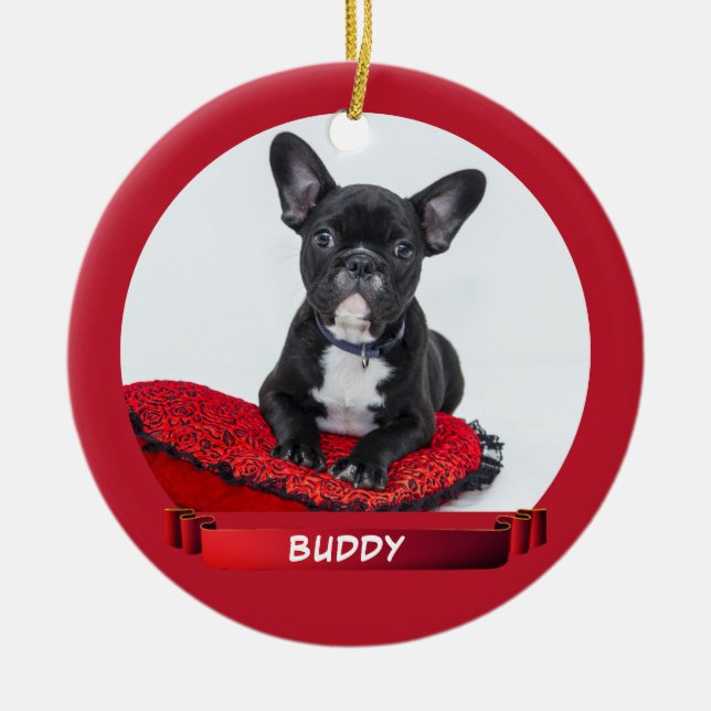 Elegant Red Ribbon Dog Puppy Pet Photo Ceramic Tree Decoration (Front)