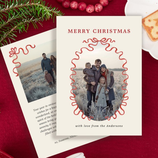 Elegant Red Ribbon Family Photo Christmas Card (Creator Uploaded)